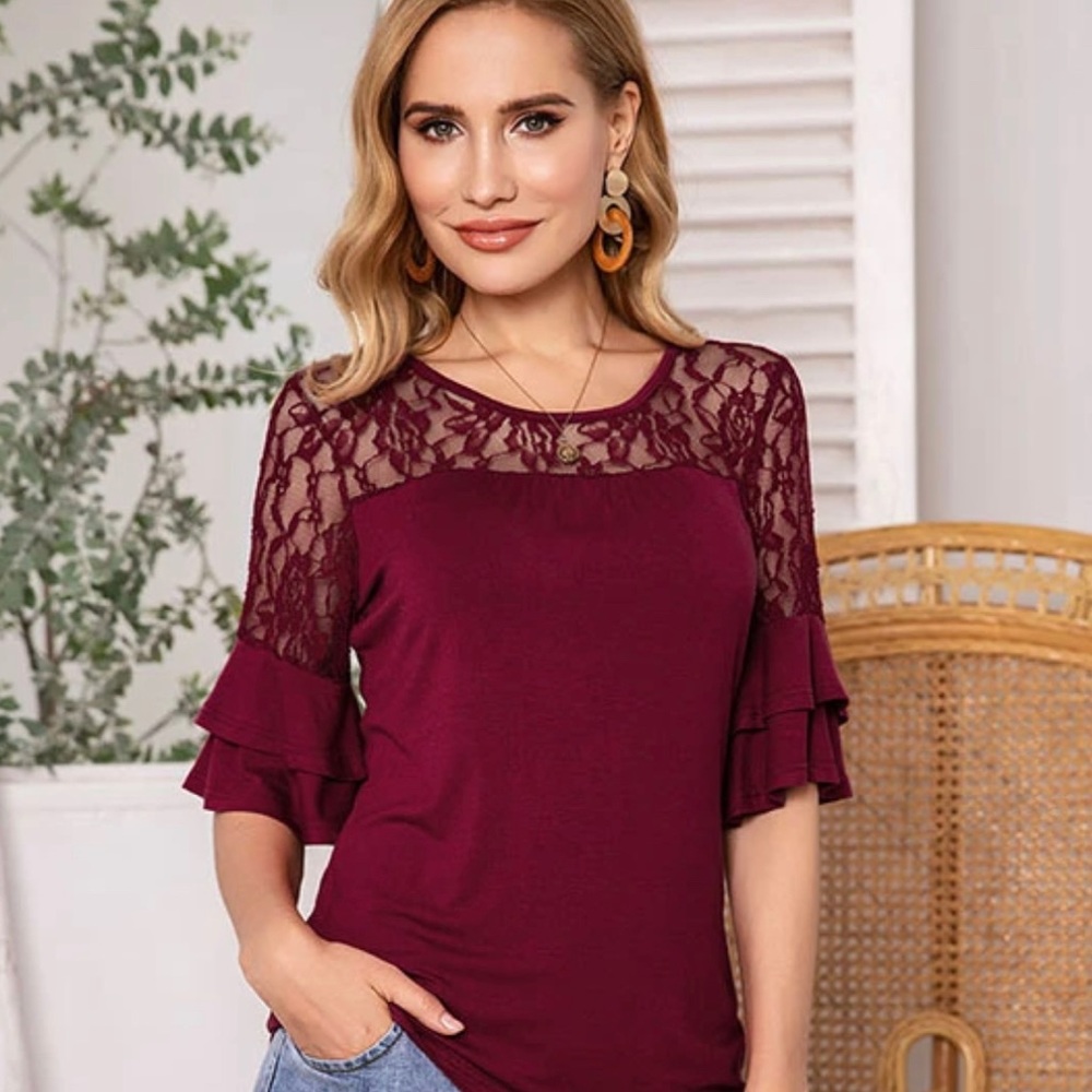 Aceshin Lenox Maroon Lace Patchwork Top - image 1